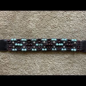 S - NWOT Beaded leather belt. Brn, slvr, turquoise